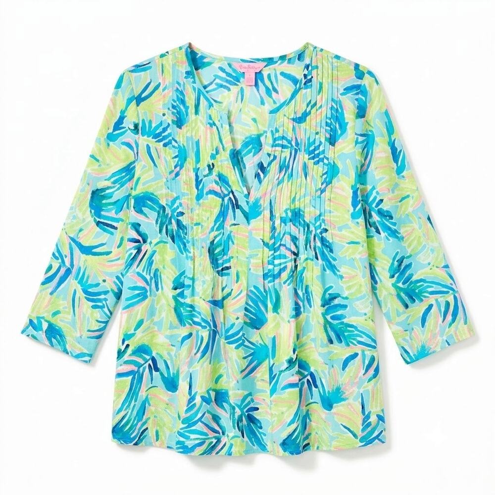 Lilly Pulitzer Daylen Pintuck Tunic Top Green Blue Palm Leaf Womens Medium
